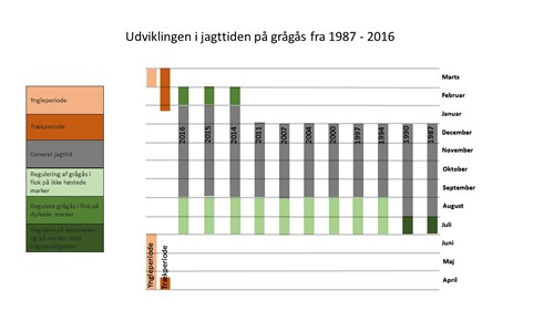 Udviklingen i jagttiden på grågås fra 1987 - 2016