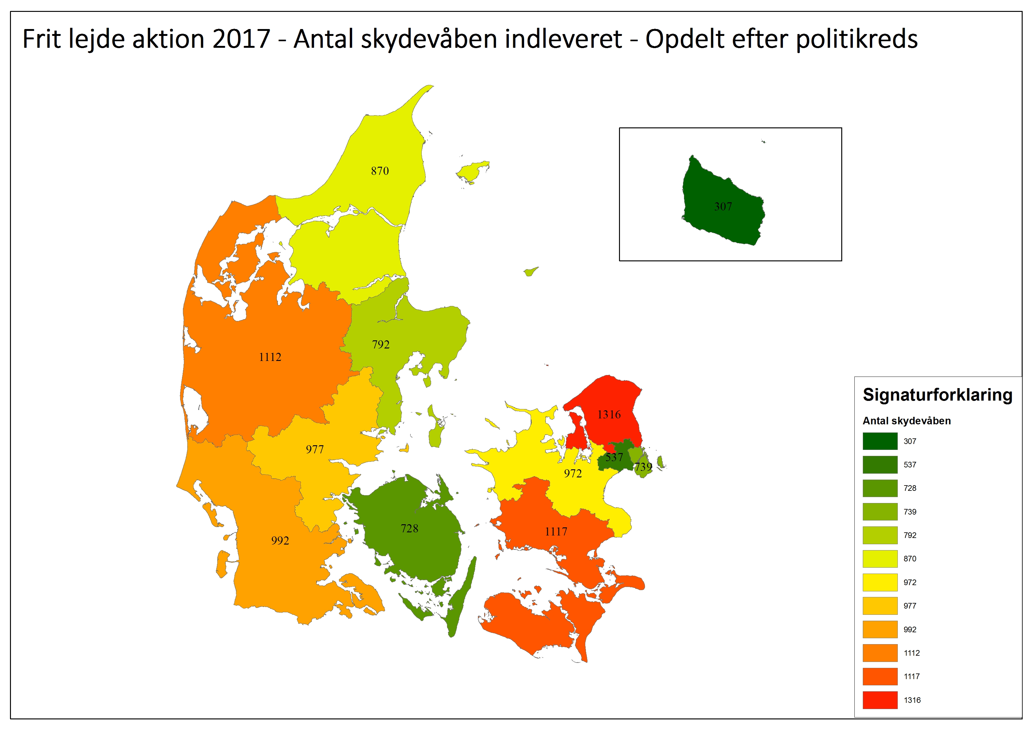 Et samlet rekordstort antal indleverede skydevåben blev det til under frit lejde-aktionen i juni . Her ses fordelingen på landets politikredse.